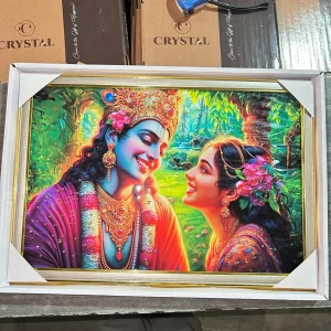 Crystal Premium Radha Krishna Wall Painting with Golden Frame | HD Printed Religious Wall Art for Home, Living Room & Temple Decor
