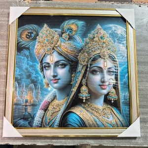 Ethereal Radha Krishna Blue Moonlit Portrait – Ornate Framed Devotional Art