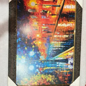 Impressionist Rainy City Night Wall Art – Textured Frame Landscape Painting